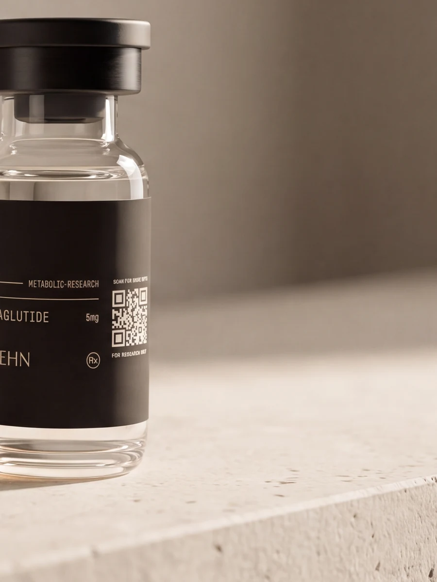 ROEHN research vial on a stone ledge in raking daylight